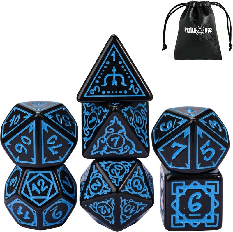 Poludie DND Dice Set -D&D Polyhedral Dice (7 Pcs) Druid Dice with Leather Dice Bag for Role Playing Dice Games RPGs(Druid - Black Blue) - Image 1